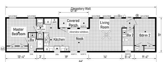 Floor plan of a rectangular house with labeled rooms: master bedroom, kitchen, living room, and bedroom 2, and covered porch.