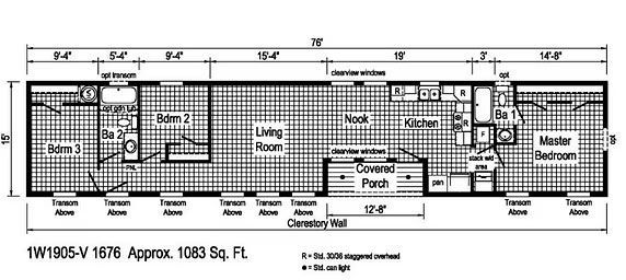 Floor plan of a mobile home with three bedrooms, a living room, kitchen, and a covered porch.