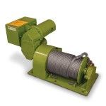 Green industrial winch with a coiled steel cable on a white background