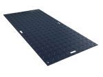 Dark blue rectangular anti-fatigue mat with textured surface and cutout handles