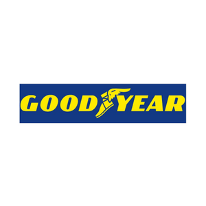 Goodyear logo in yellow on a blue rectangular background