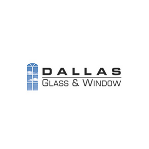 Dallas Glass & Window logo with blue window icon and gray text on a white background