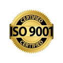 Gold ISO 9001 certified seal with black text and ribbon banner