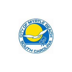 City of Myrtle Beach, South Carolina seal with sun, waves, and palm trees on a blue circle