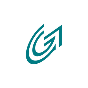Teal abstract logo shaped like a stylized letter G on a white background