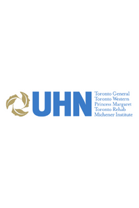 UHN logo with gold circular emblem and blue text for Toronto General, Toronto Western, Princess Margaret, and Toronto Rehab hospitals
