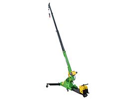 Extended Boom Capability Green and black telescopic boom lift with yellow base, extended upward on white background