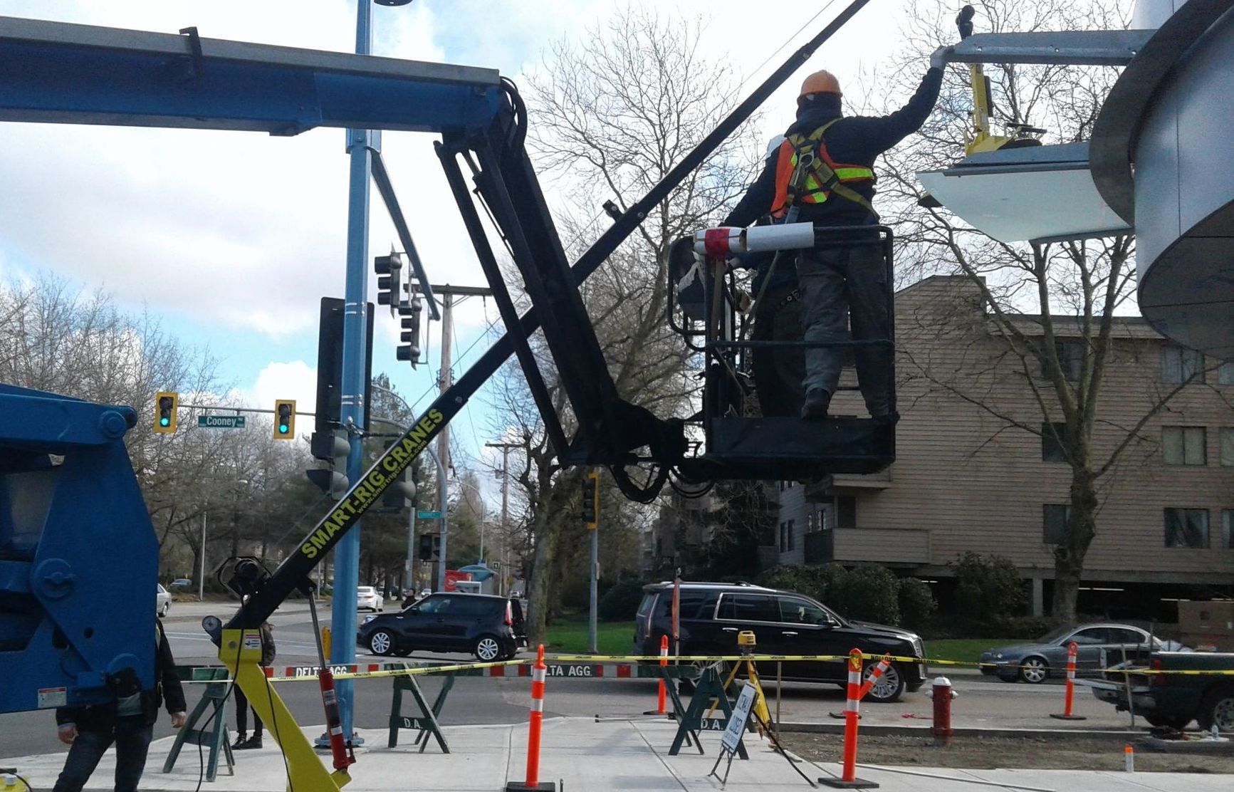 Worker in a lift trimming tree branches beside a street with traffic cones and a blue truck.