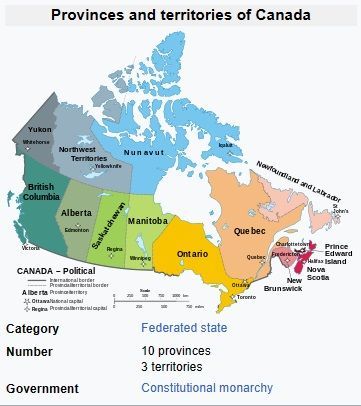 Map of Canada’s provinces and territories in different colors, labeled with names and capital cities