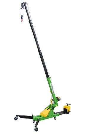 Green towable boom crane with extended black arm and yellow counterweight, isolated on white background