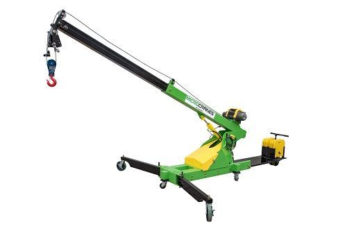 Counterweight Balance Function Green and black mobile crane with extended boom and red hook on white background