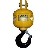Yellow industrial hook hoist with a black metal hook on a white background