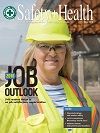 Safety+Health magazine cover with smiling worker in hard hat and reflective vest, titled “Job Outlook”