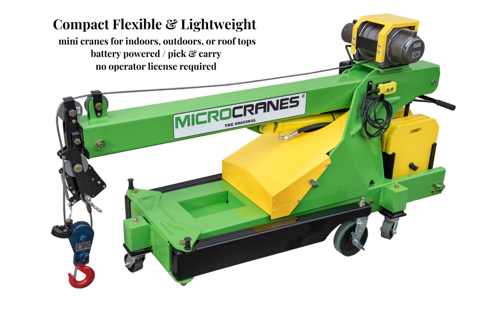 MicroCranes® M1 Global Mini Crane - eco-friendly, battery powered. Compact and easily portable, used in many industries. Green portable Mini-Cranes compact lift with yellow motor and hook on a wheeled frame