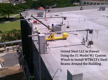 Rooftop construction with steel beams and workers; text notes steel beam installation around a building.