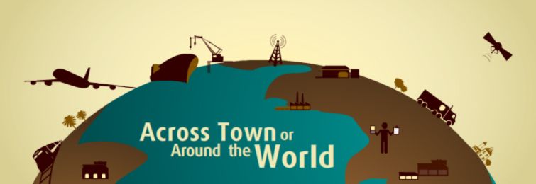 Illustrated globe with landmarks and airplane silhouettes, titled “Across Town or Around the World”