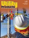 Utility Products magazine cover with utility worker in hard hat and power lines on orange background