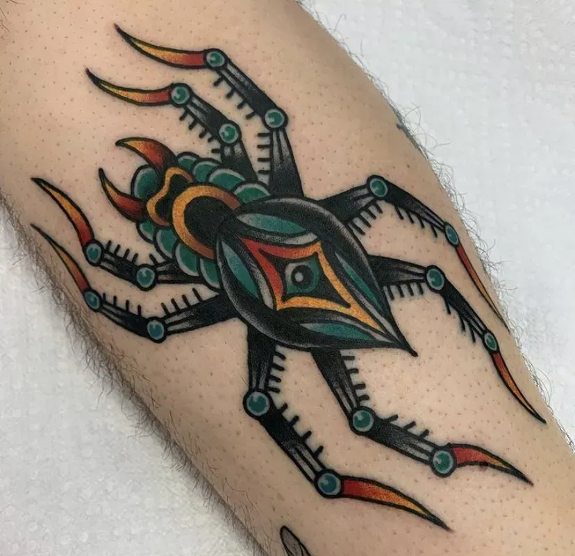 A tattoo of a spider on a person 's arm