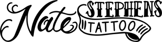 A black and white logo for a tattoo shop called nate stephen 's tattoo.