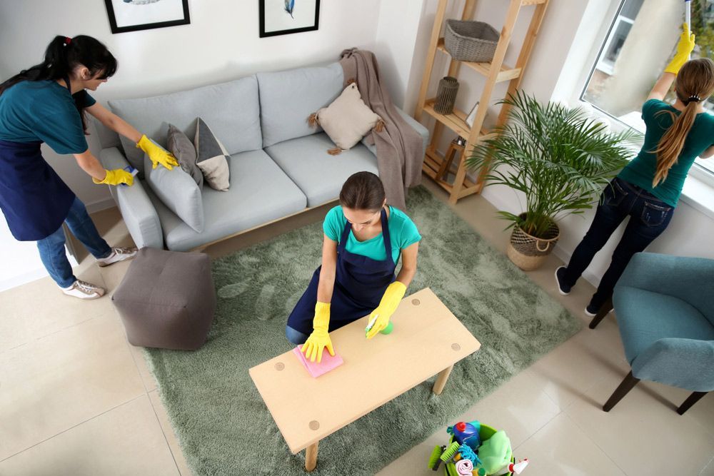 Two Women Are Cleaning a Living Room With a Couch and a Table — Complete Clean Home Cleaning in Woonona, NSW