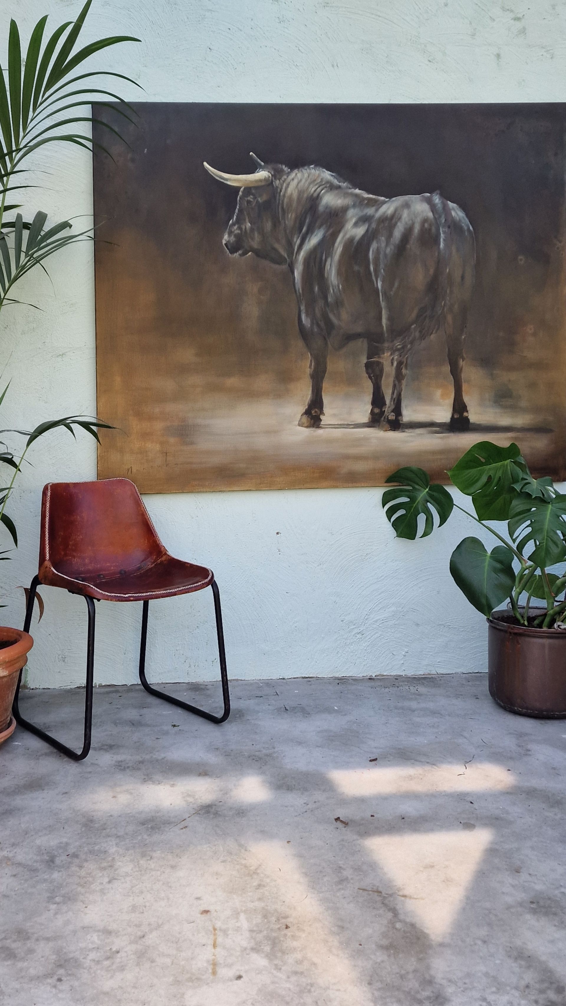 Terras met een schilderij van een paard aan de muur, een rode stoel, potplanten en zonlicht op de betonnen vloer.