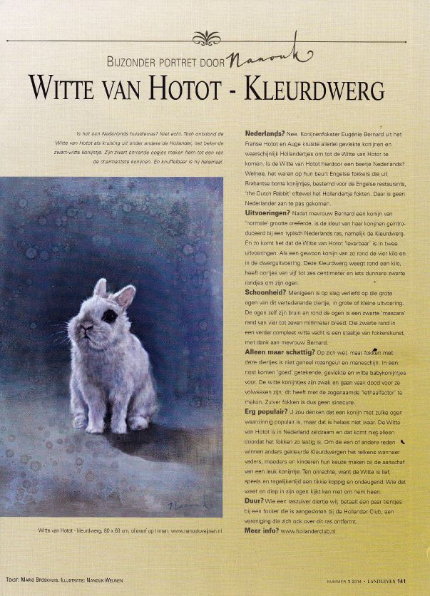 Een schilderij van een wit konijn met de naam witte van hotot erop