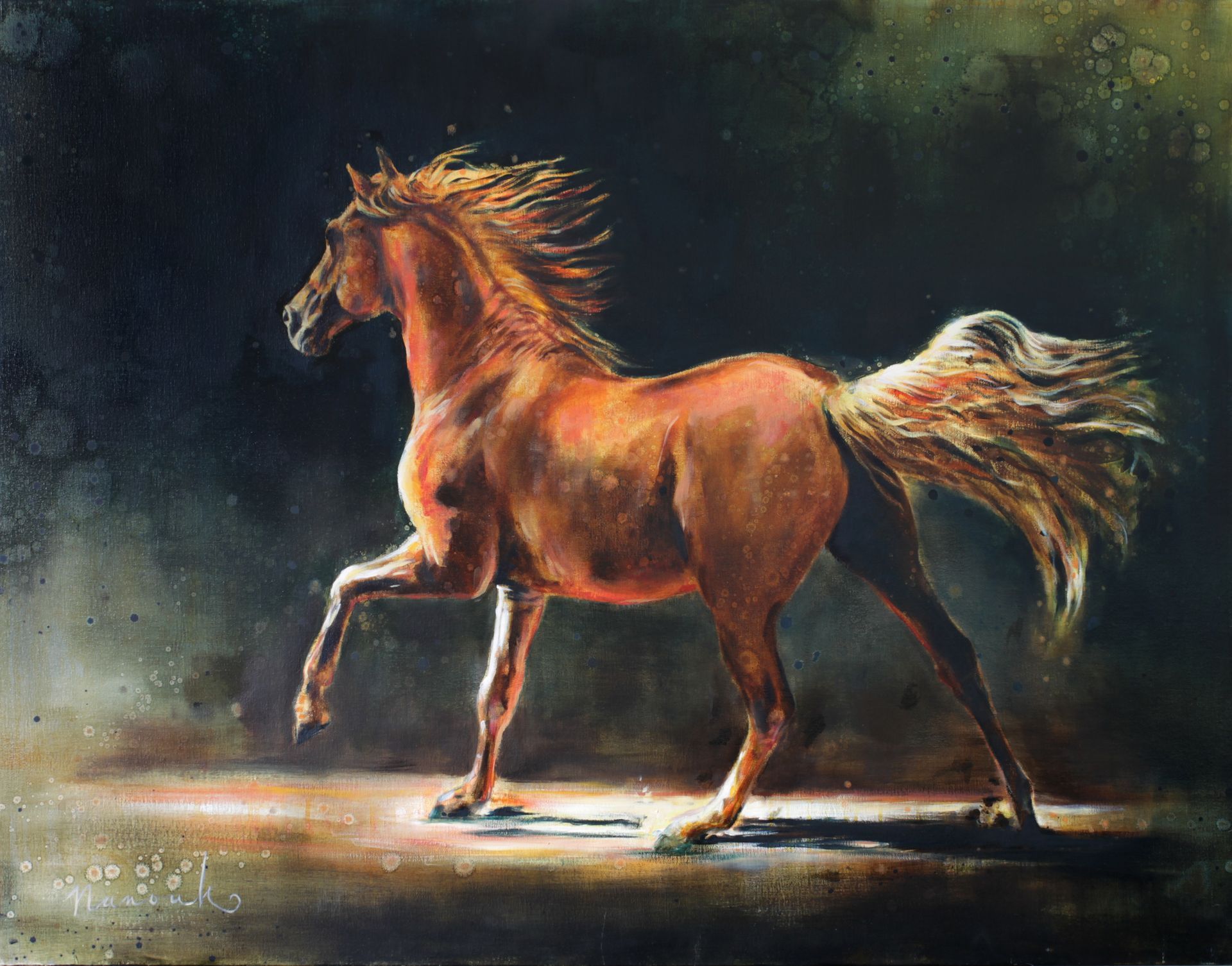 Een schilderij van een bruin paard op een donkere achtergrond