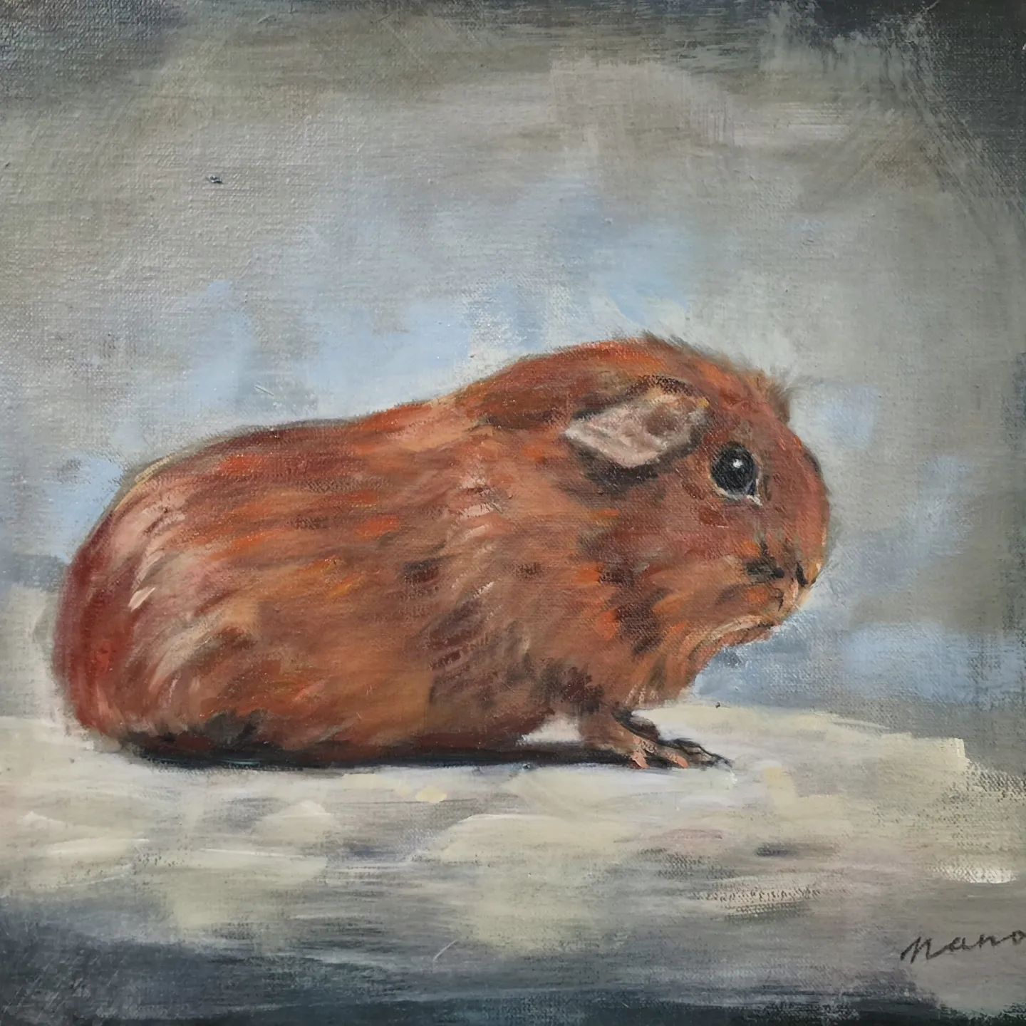 Een schilderij van een bruine cavia die op een tafel zit.
