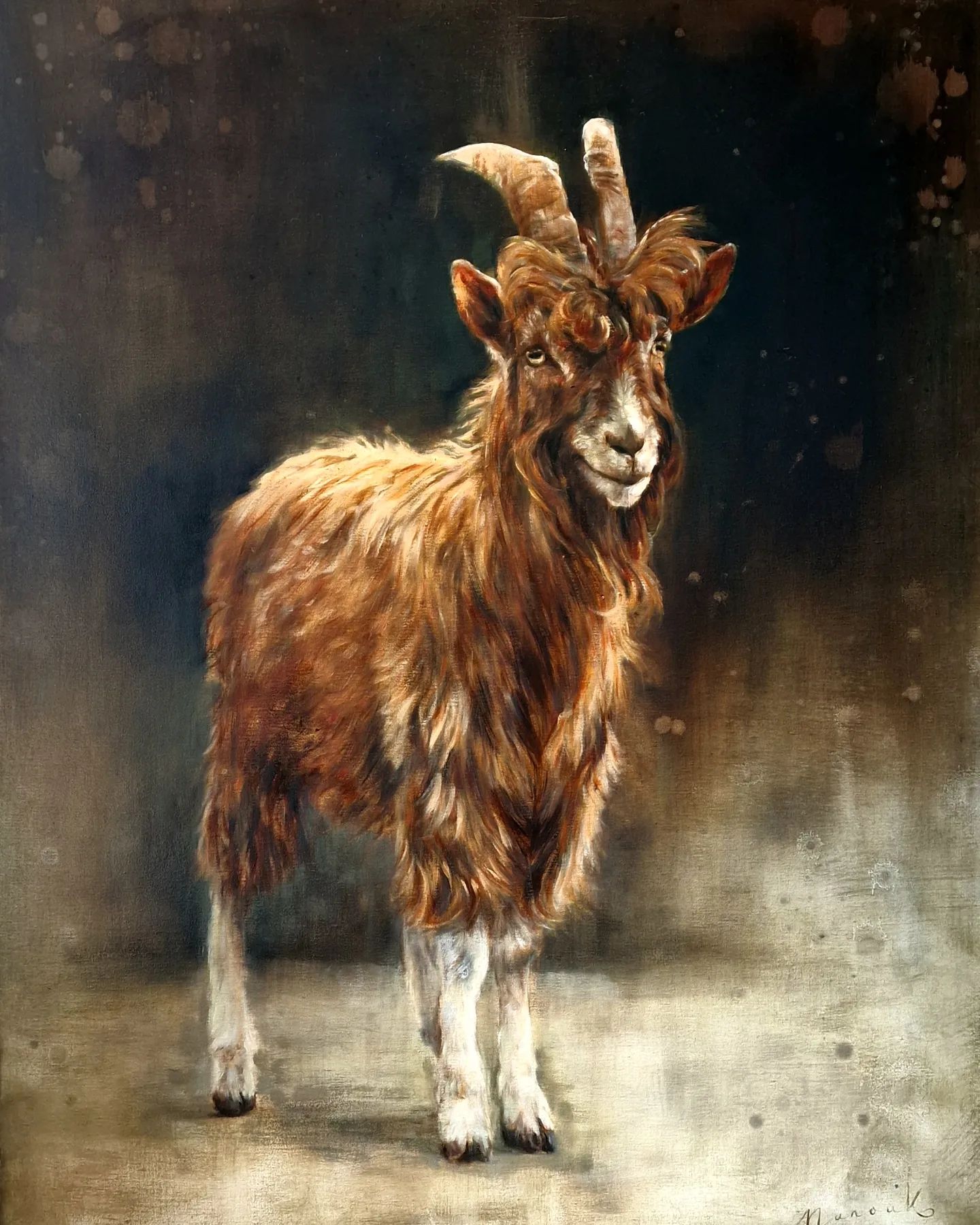Een schilderij van een bruine geit met horens