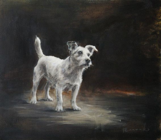 Een schilderij van een kleine witte hond op een zwarte achtergrond