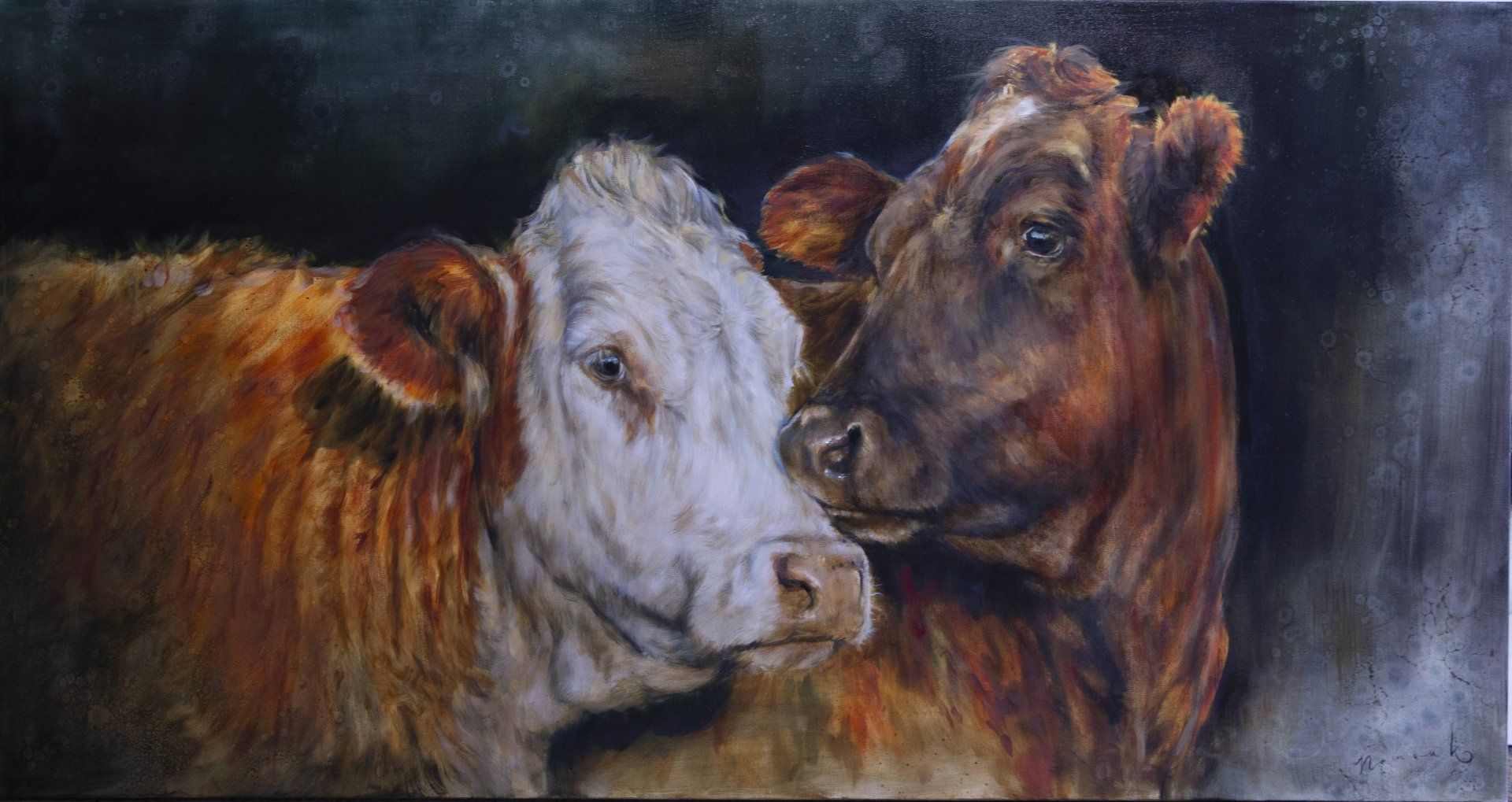 Een schilderij van twee koeien die naast elkaar staan.