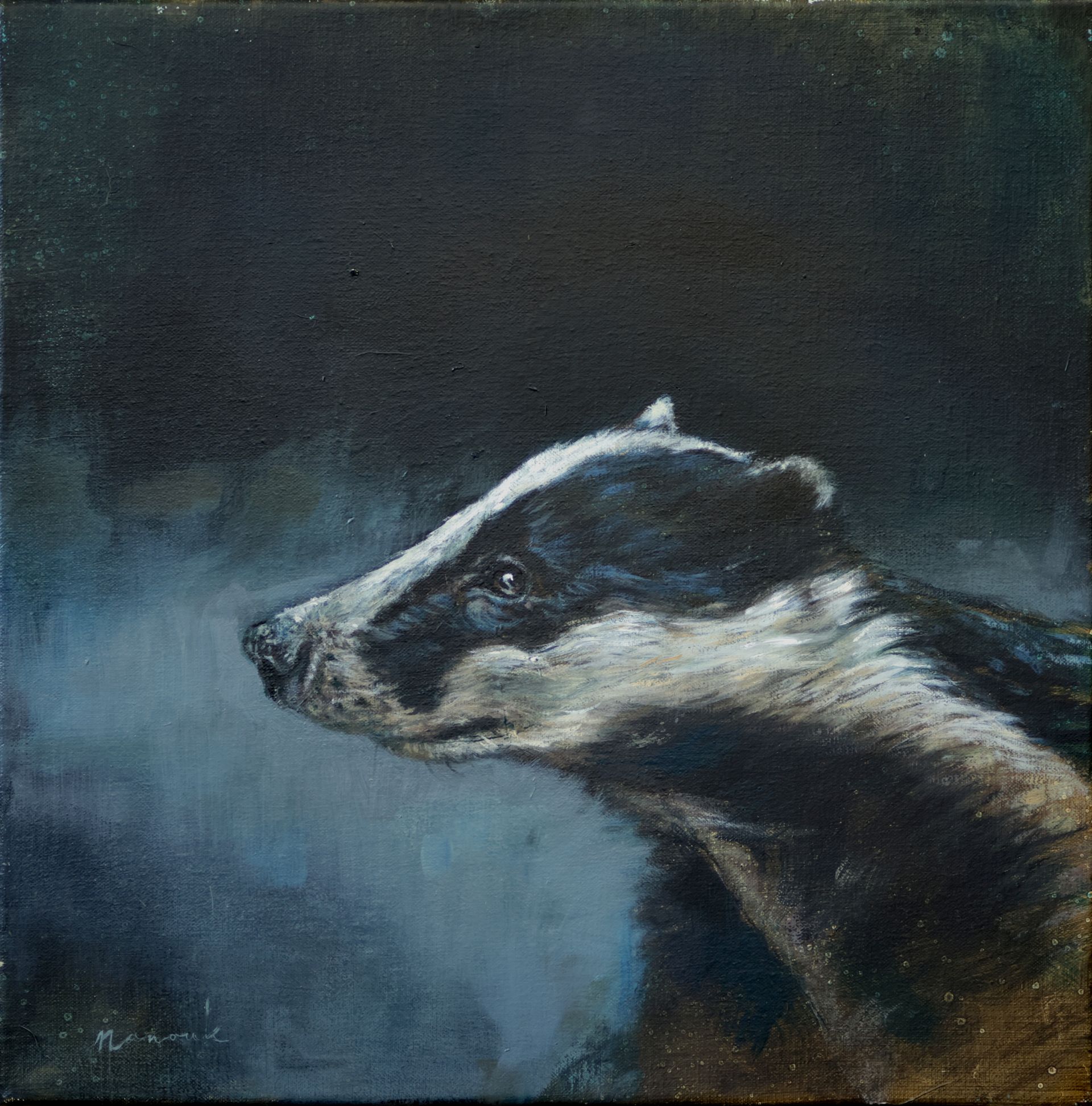 Een schilderij van een das met een donkere achtergrond