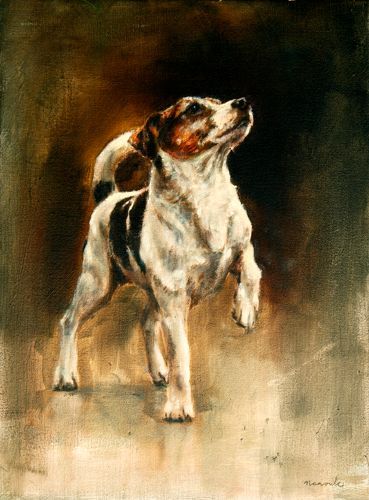 Een schilderij van een hond die op zijn achterpoten staat en omhoog kijkt. hondenportret