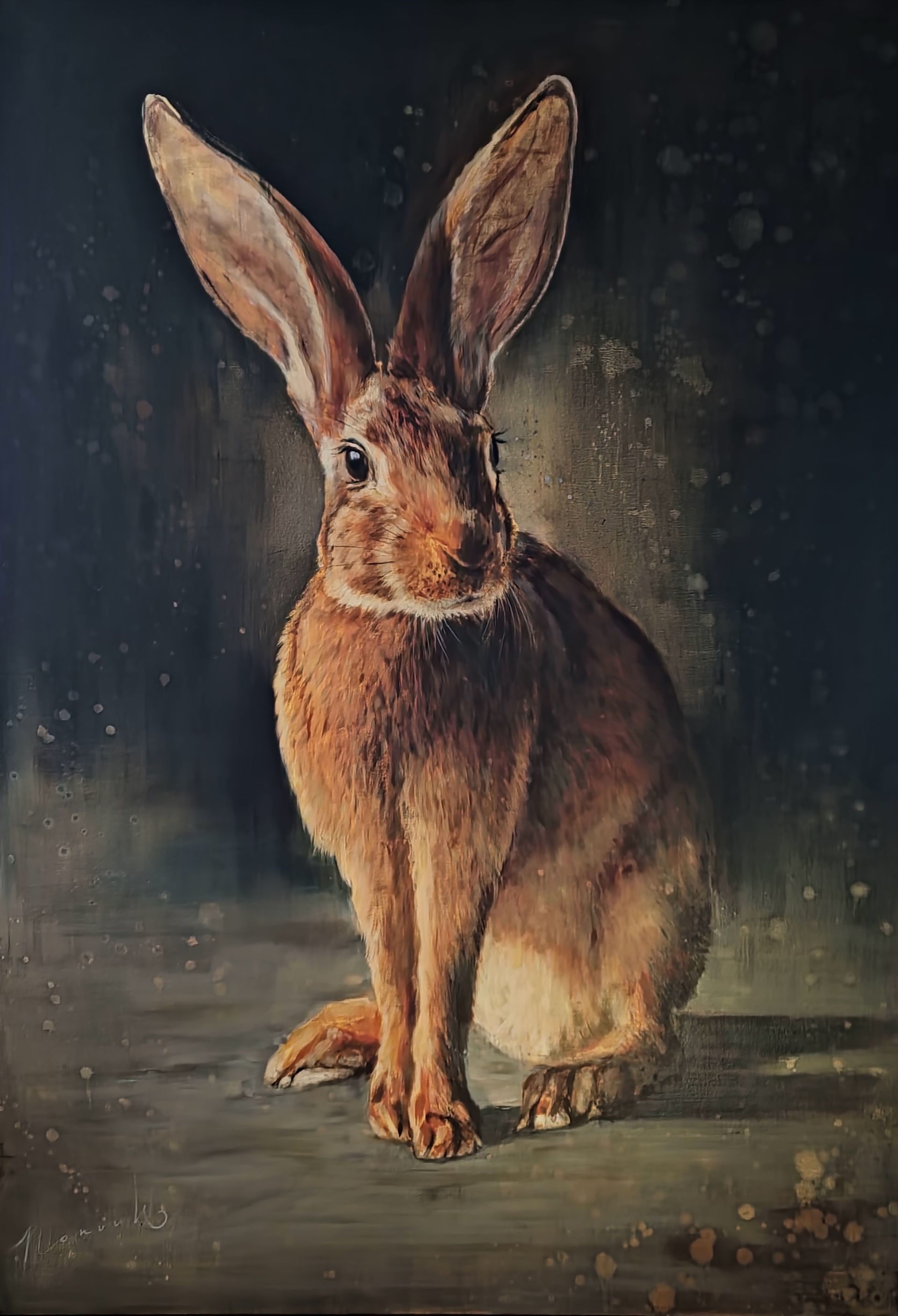 Een schilderij van een bruin konijn met lange oren, zittend op een tafel.