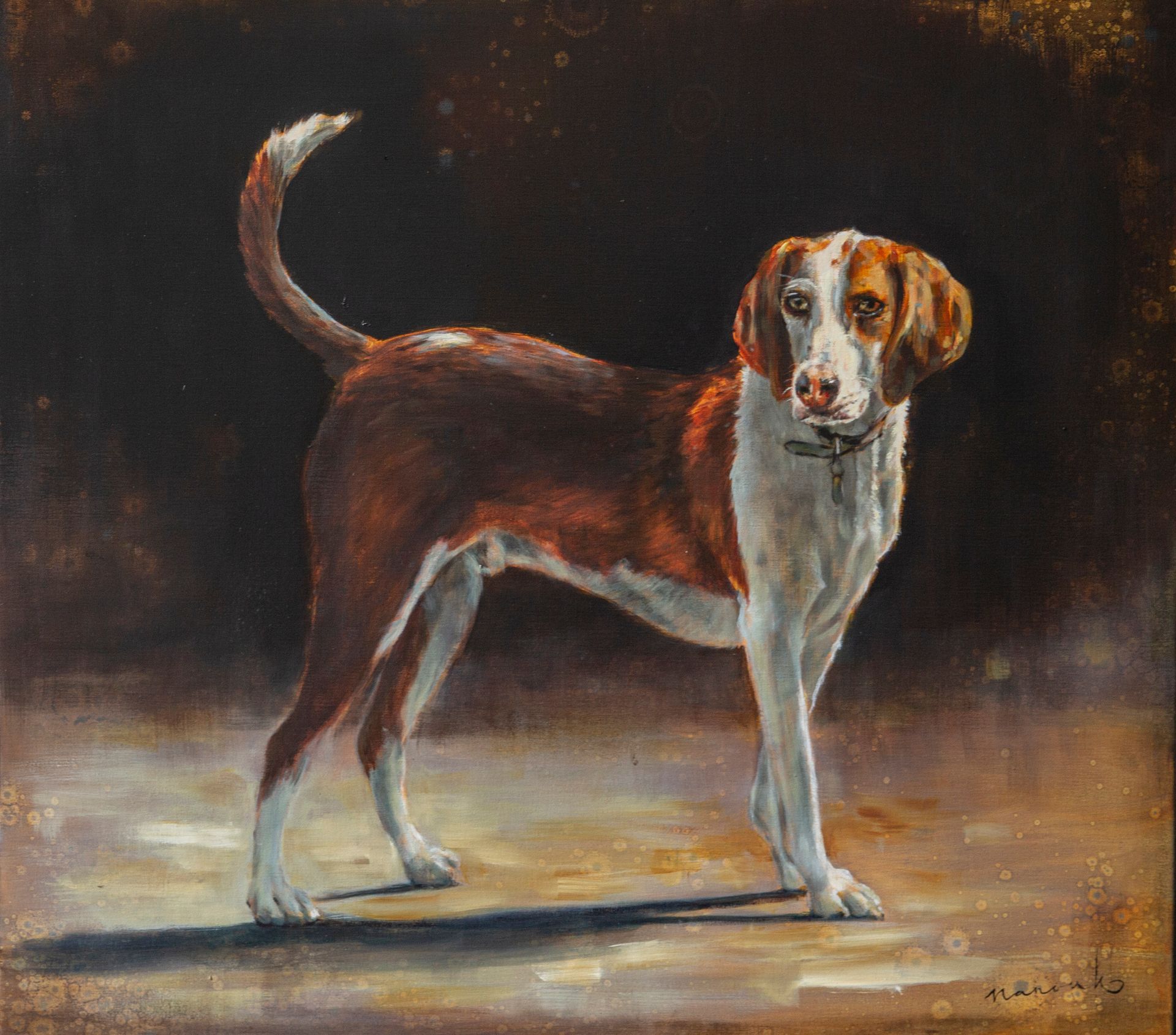 Een schilderij van een bruin-witte hond op een donkere achtergrond hondenportret