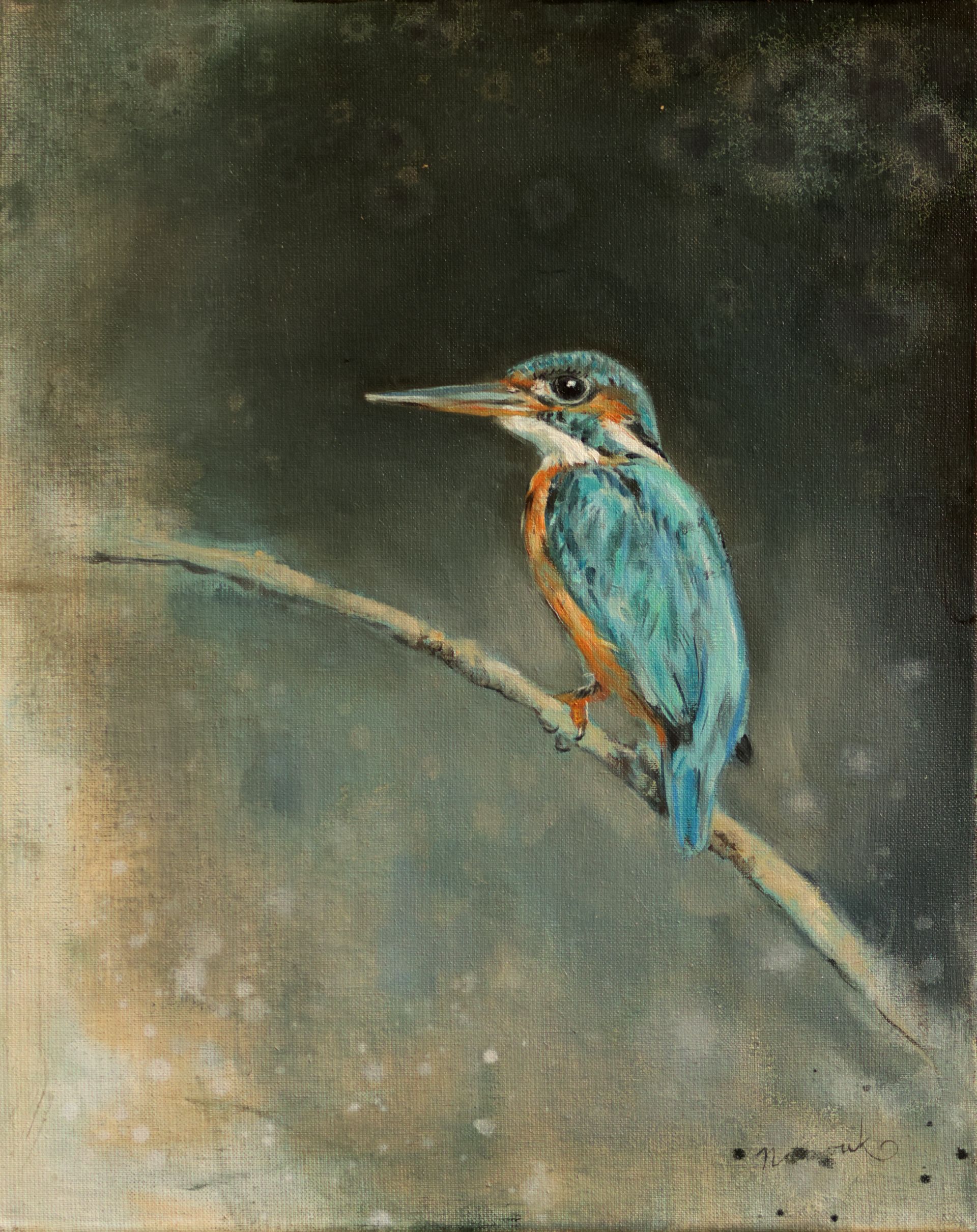 Een schilderij van een vogel die op een tak zit.