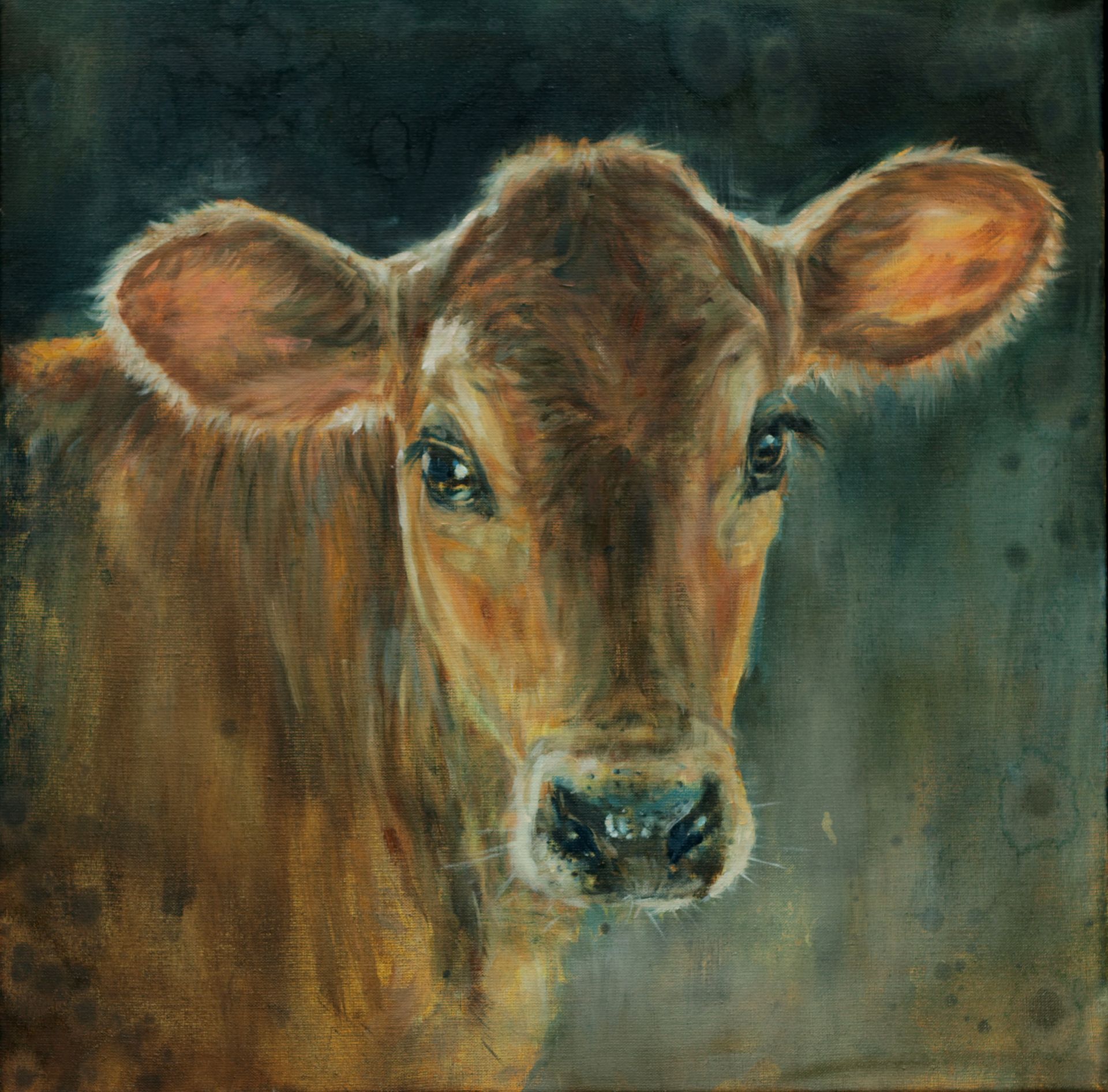 Een schilderij van een bruine koe die in de camera kijkt.