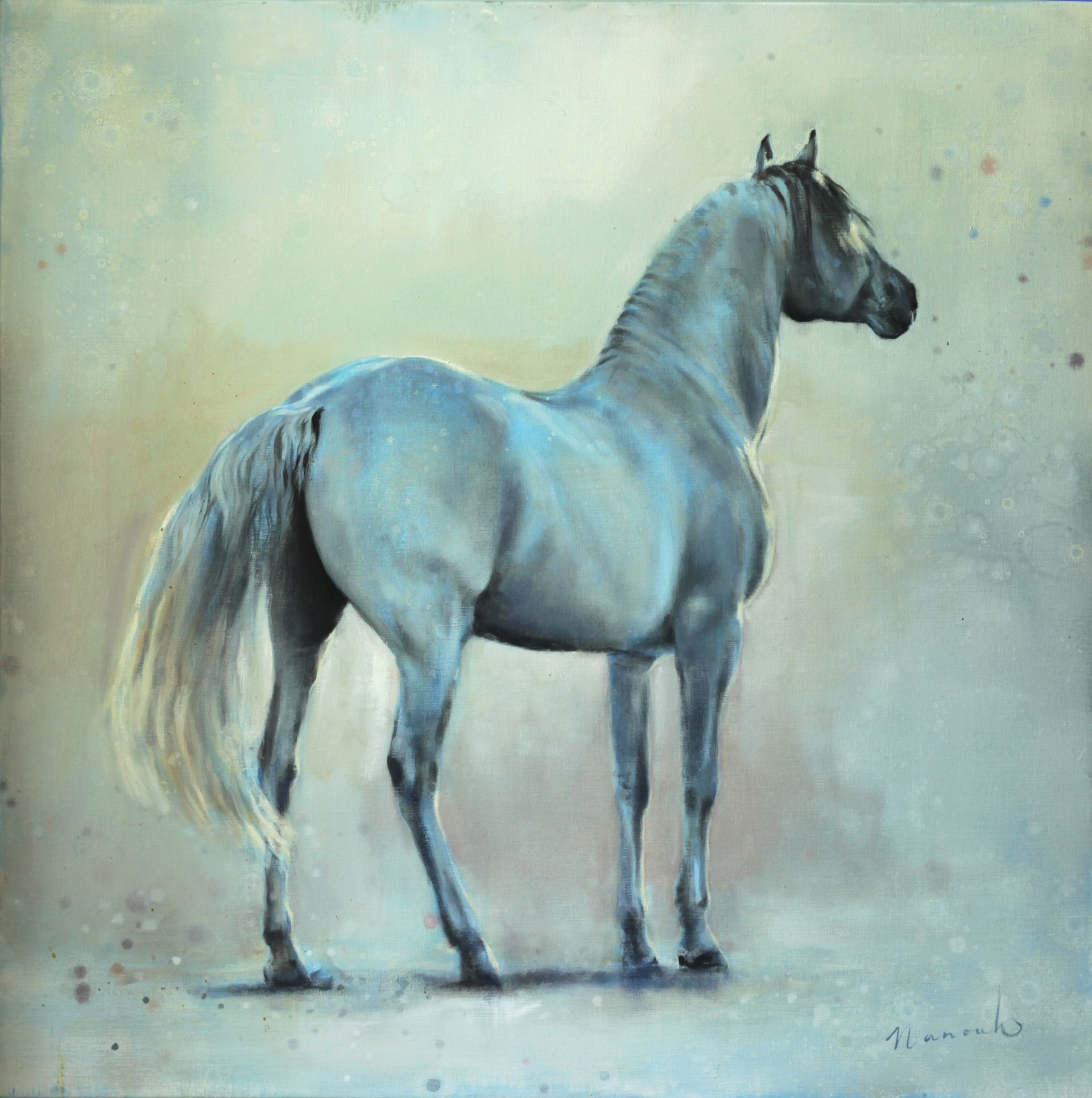 Een schilderij van een wit paard op een witte achtergrond.