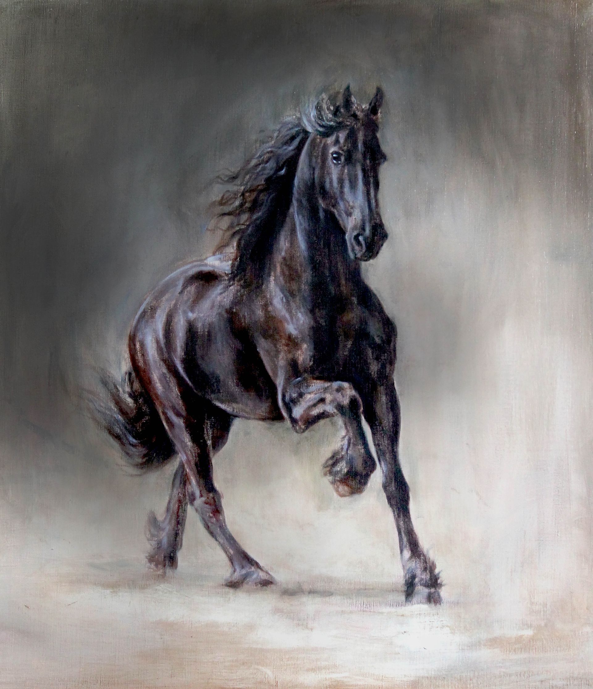 Op een schilderij rent een zwart paard op zijn achterbenen.
