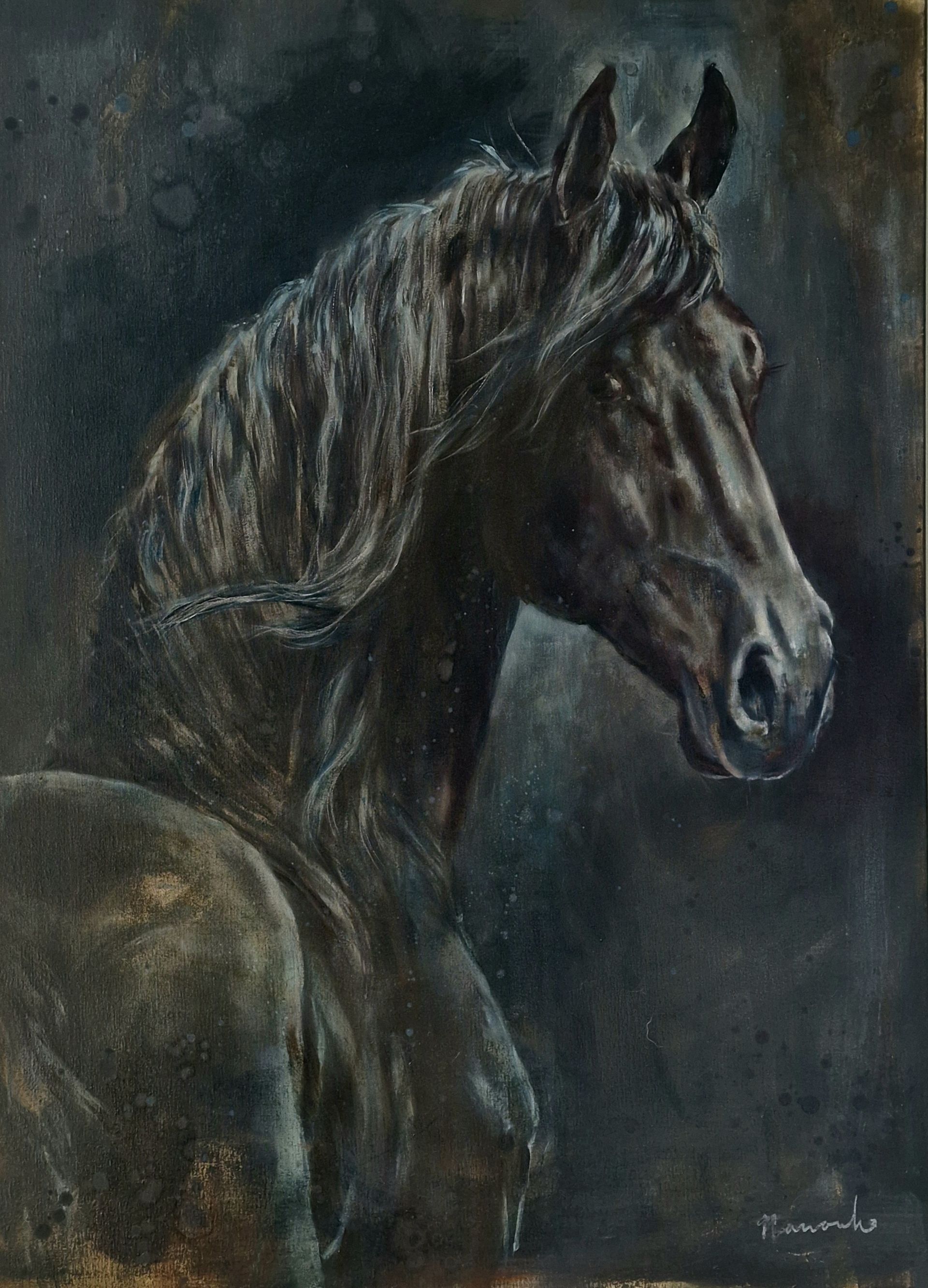 Een schilderij van een zwart paard met lange manen