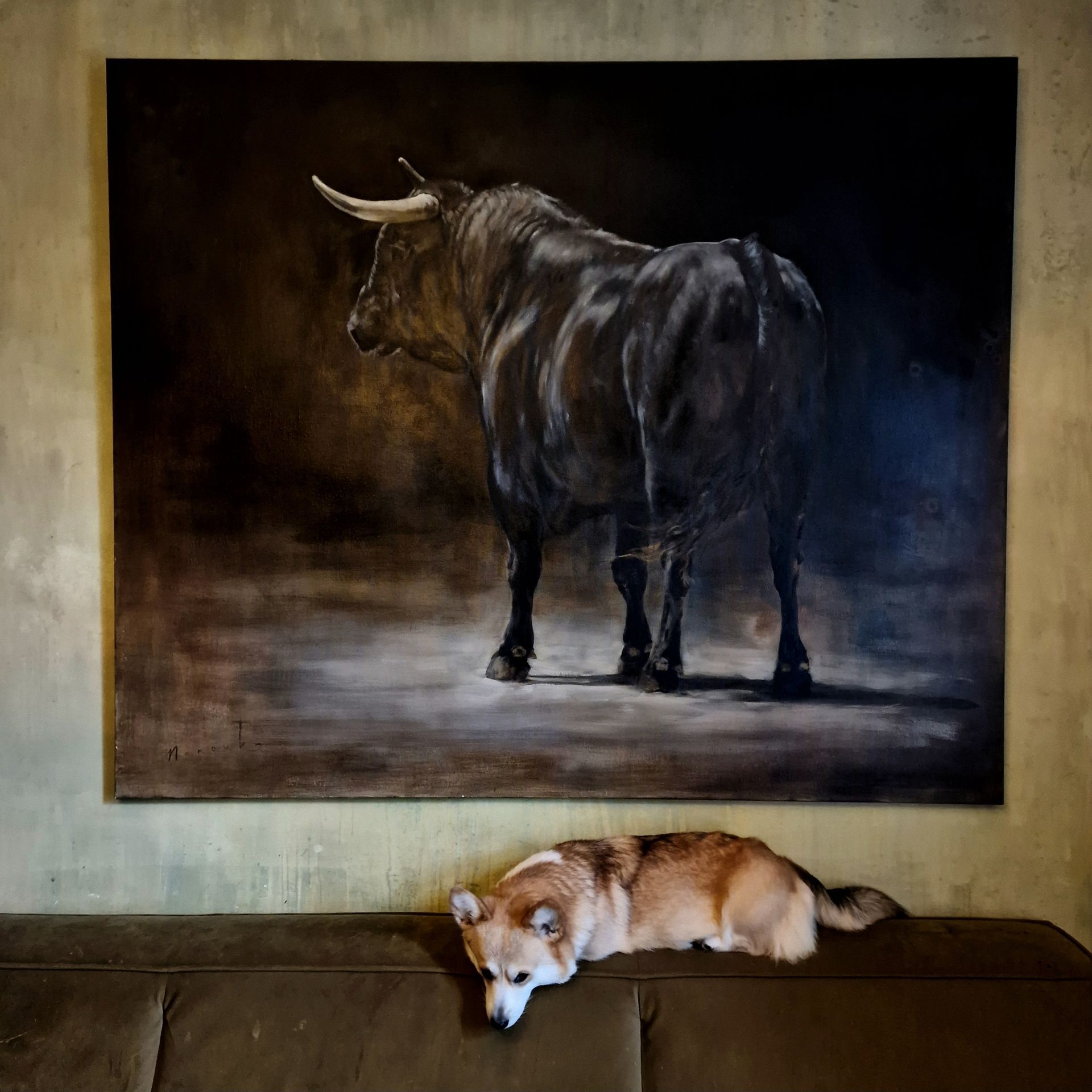 Een rustende hond op een houten bank onder een donker schilderij van een stier in een schemerige kamer.