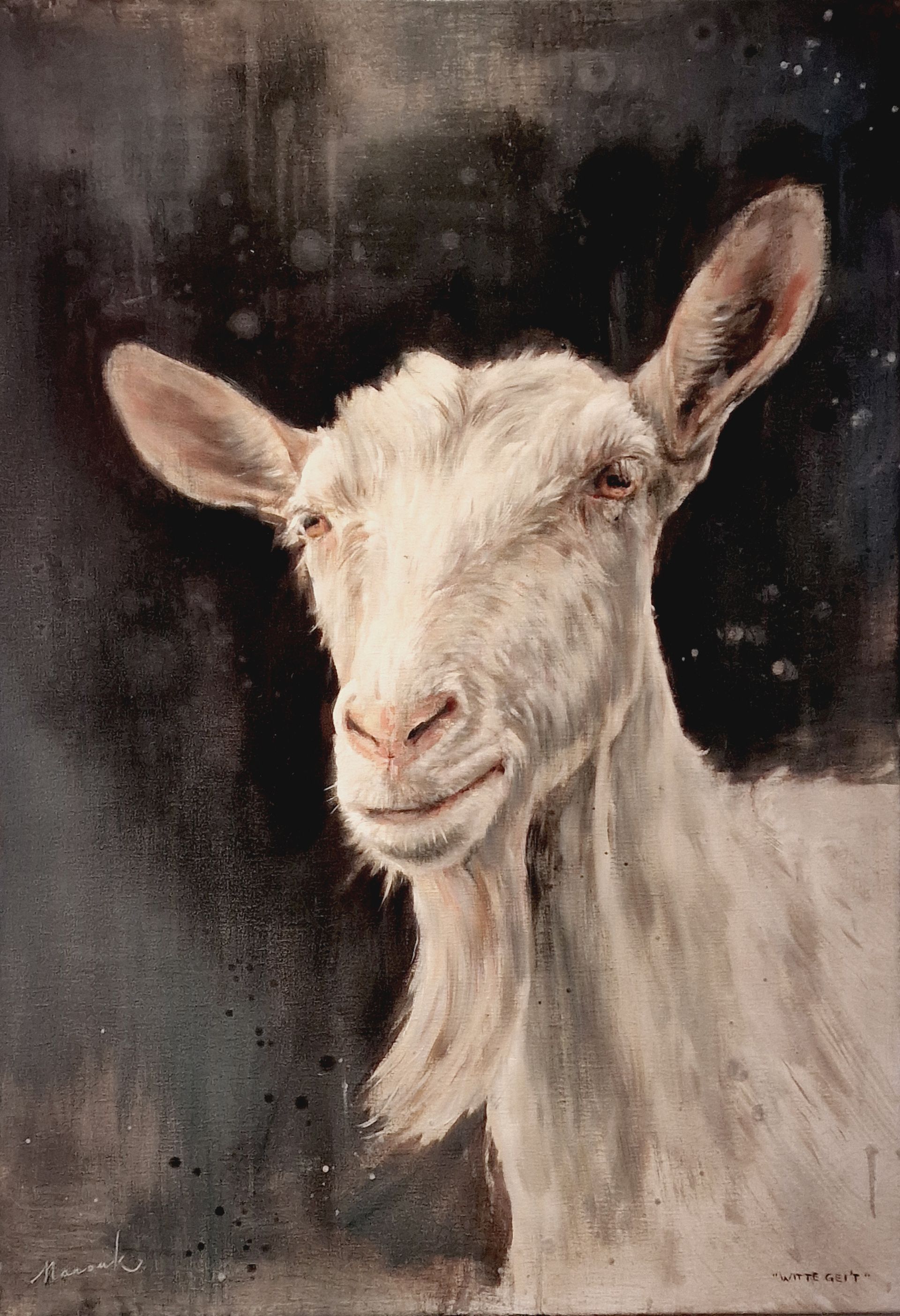 Een schilderij van een witte geit met een lange baard die in de camera kijkt.