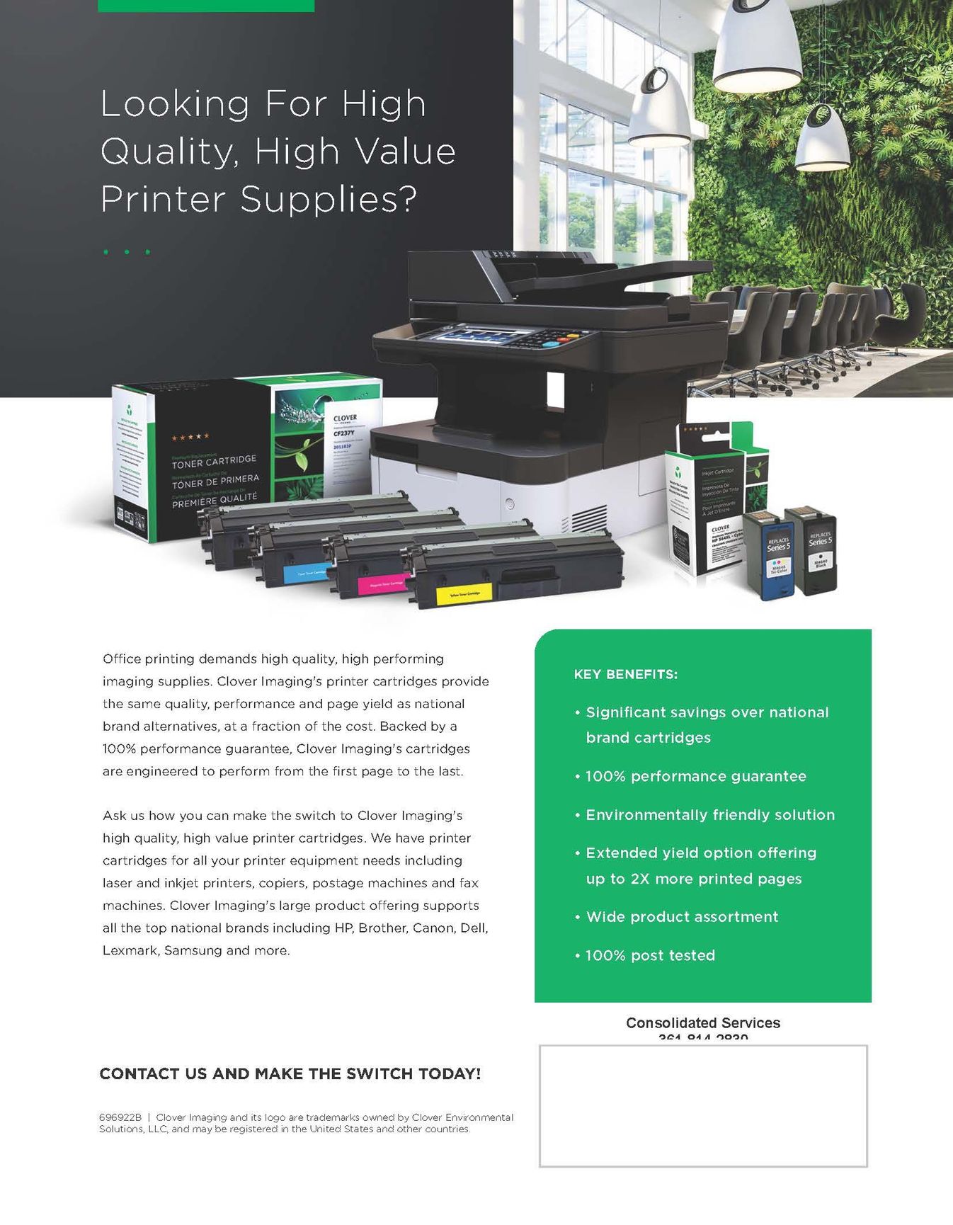 Printer supplies and office printer ad with ink cartridges, green highlights, and a modern office background