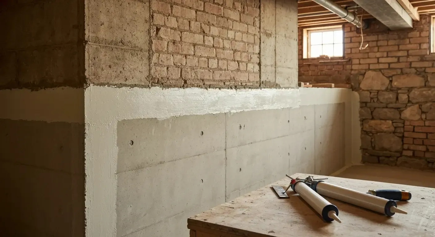 Partially plastered brick room under renovation with construction tools on a workbench
