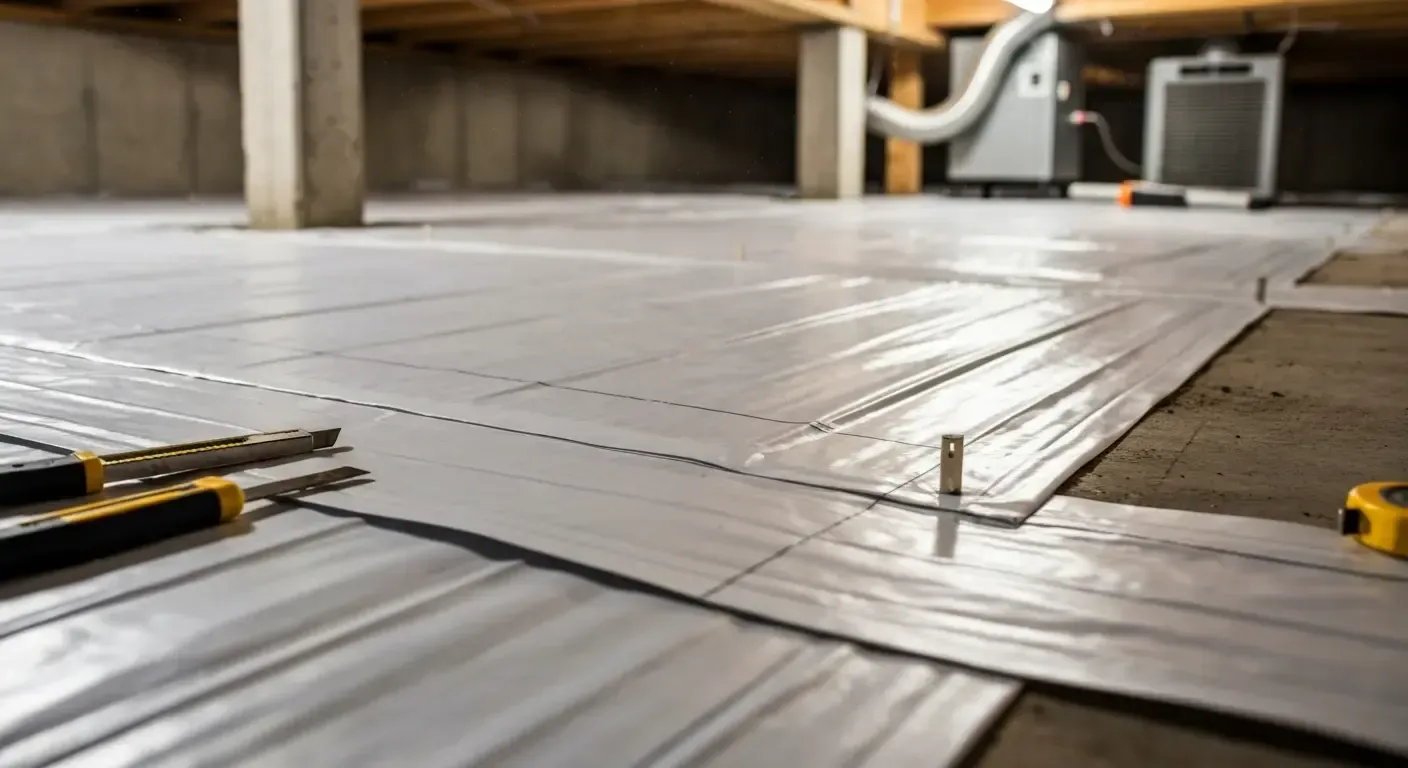 Wide floor covered with silver vapor barrier sheets, with tools and a yellow tape measure in a construction space