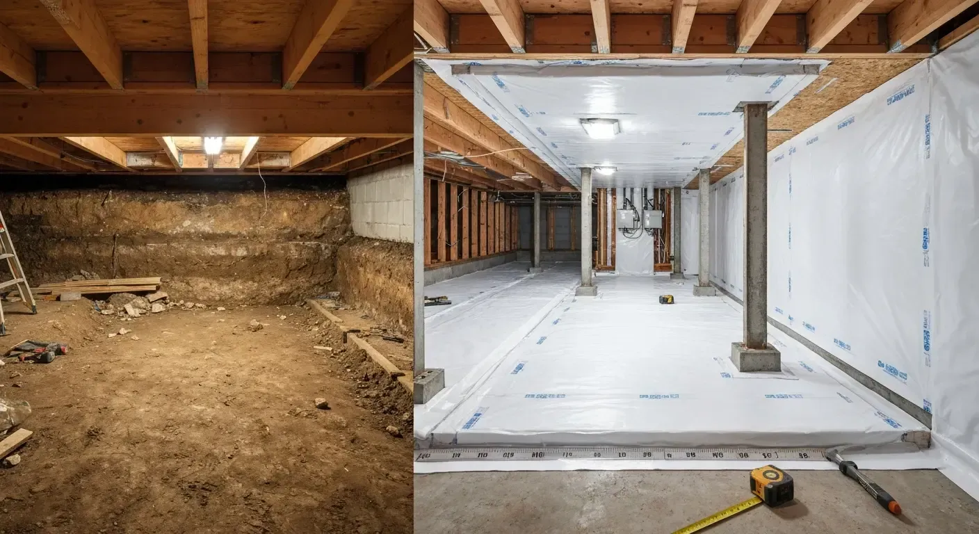 Basement remodel comparison: unfinished dirt crawlspace beside a framed, insulated renovation area