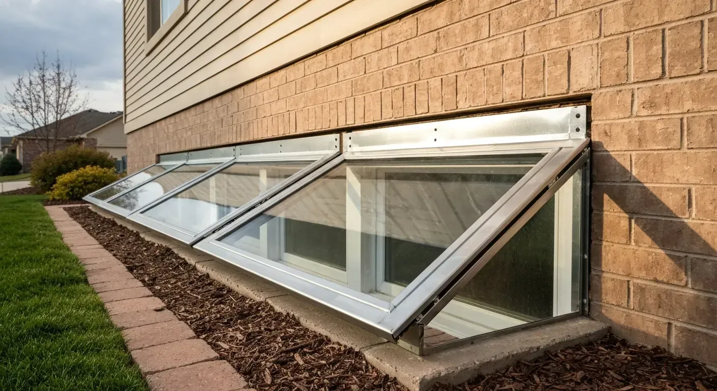 Basement window wells along a brick building with metal-framed glass covers and a grassy lawn nearby