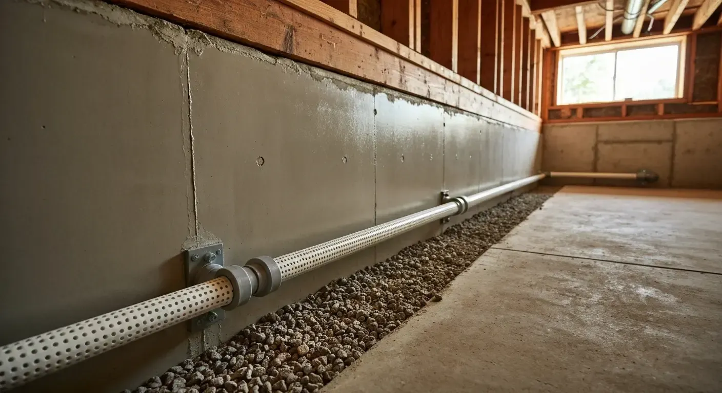 Perforated drain pipe laid in gravel along a basement foundation wall under construction
