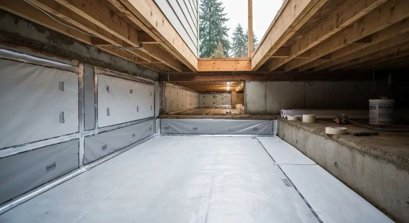 Crawlspace with white vapor barrier flooring beneath wooden beams and concrete foundation walls