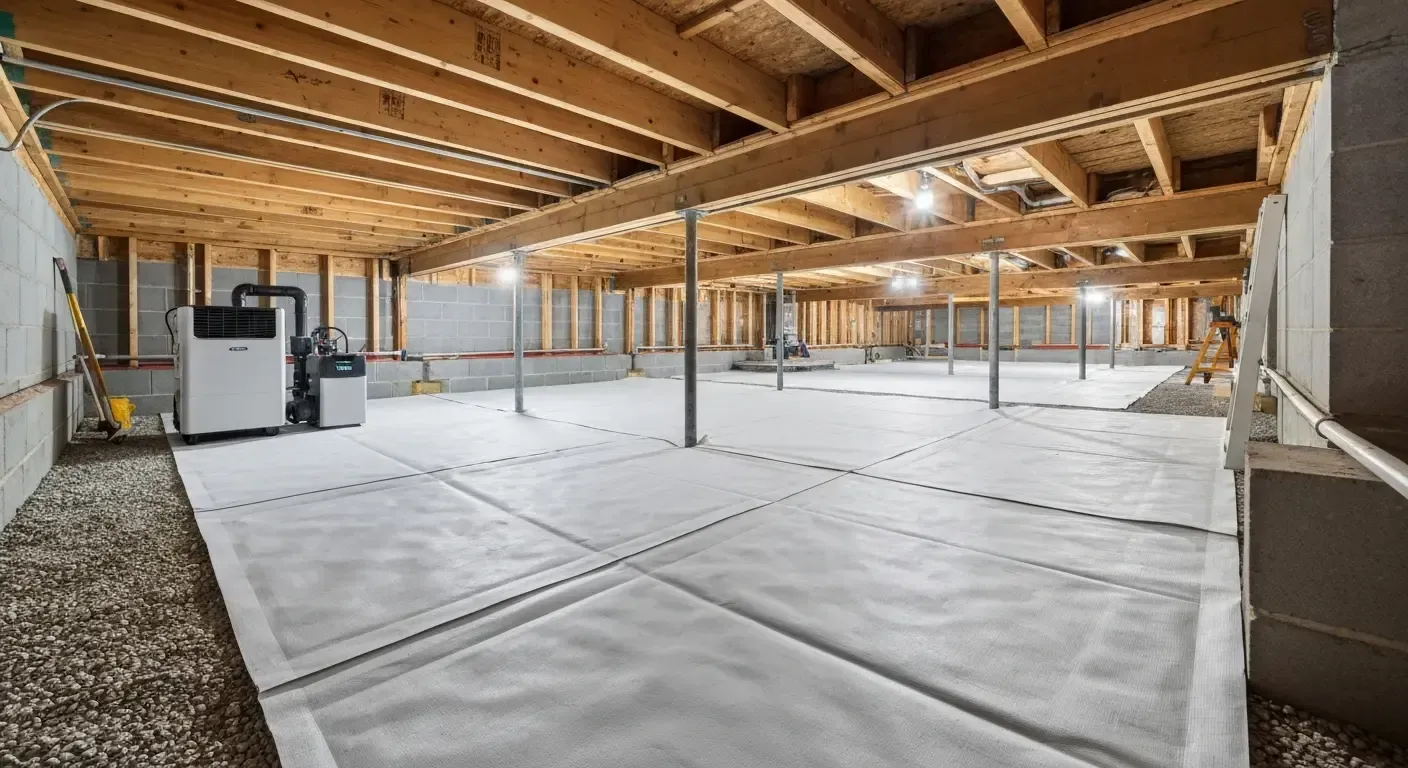 Empty unfinished basement with exposed wood beams, white floor covering, and utility equipment.